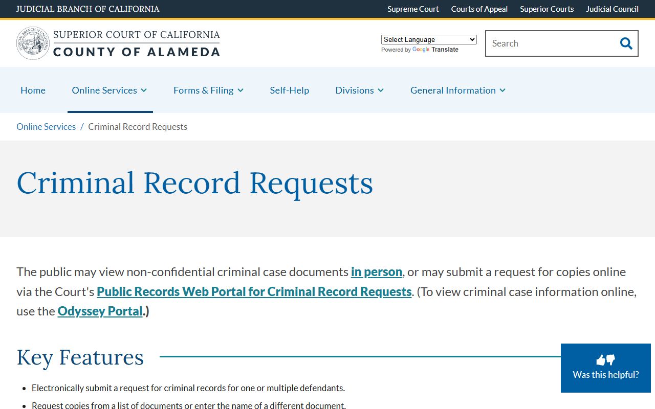 Alameda County court criminal records request portal