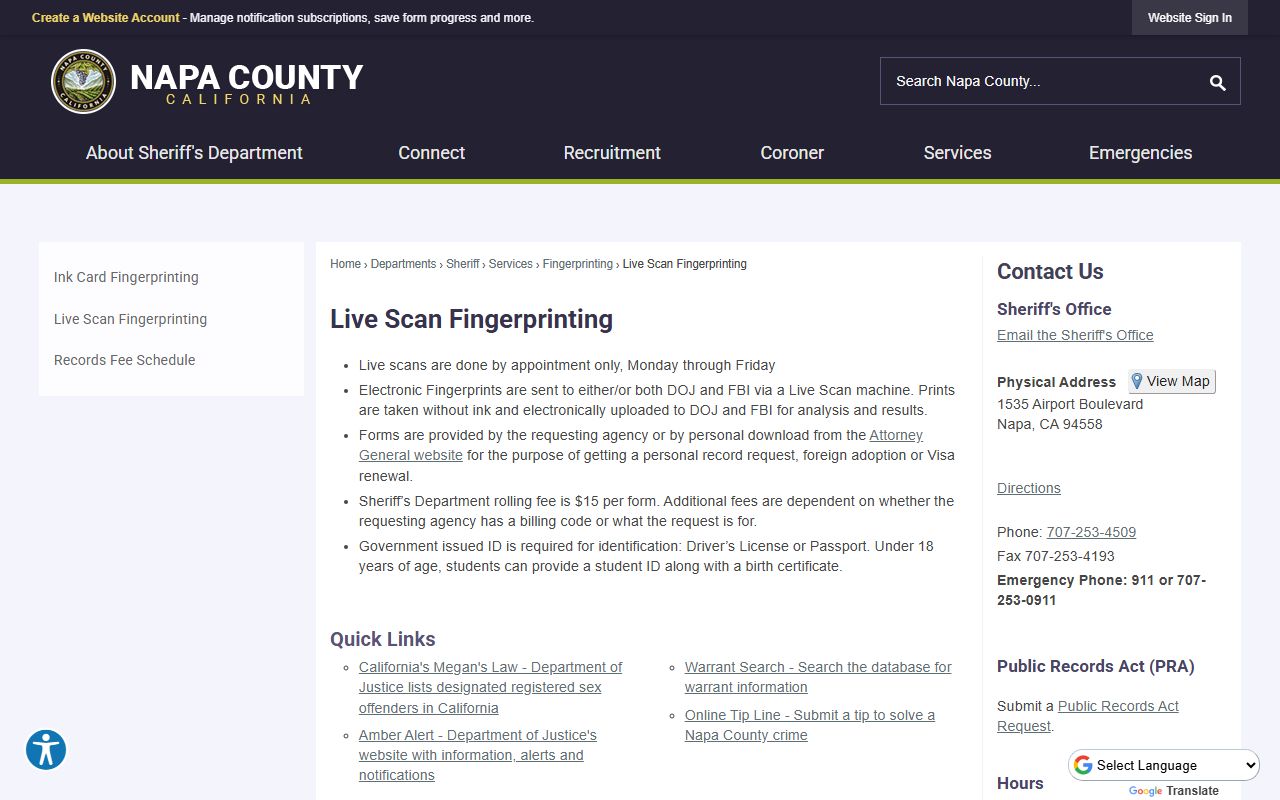 Napa County Sheriff Live Scan fingerprinting services