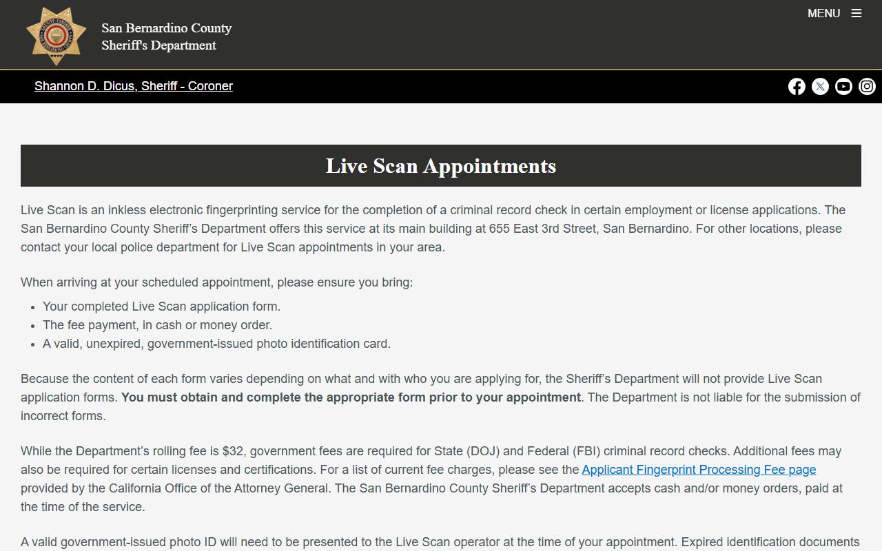 San Bernardino County Sheriff Live Scan services