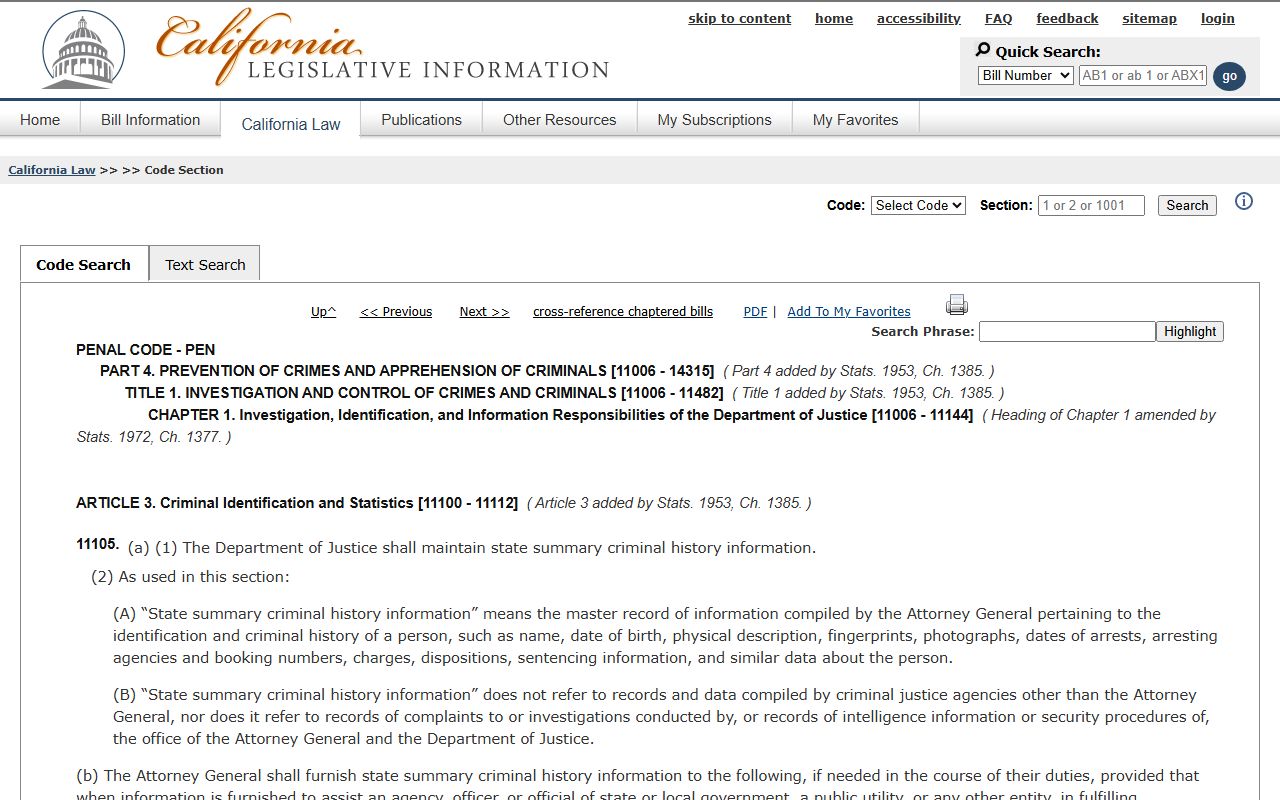 California Penal Code 11105 statute