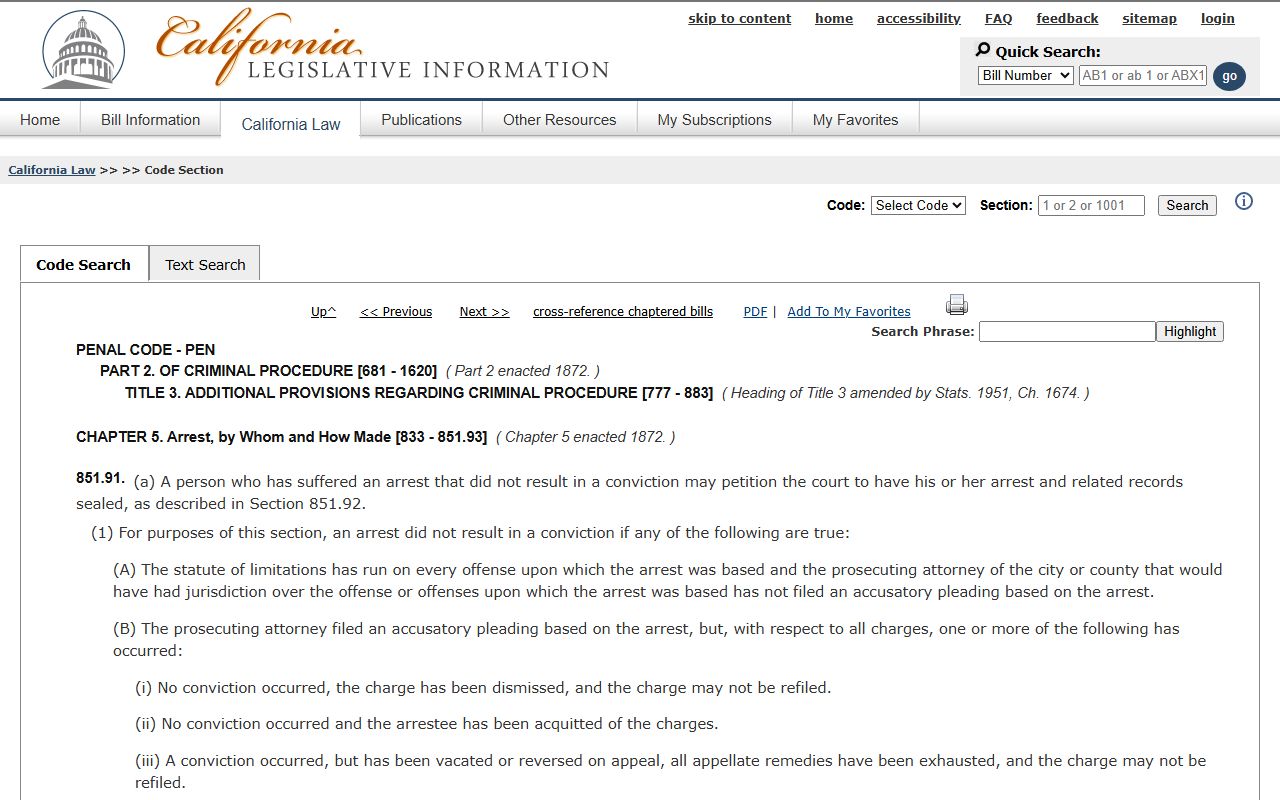 California Penal Code 851.91 statute on sealing arrest records